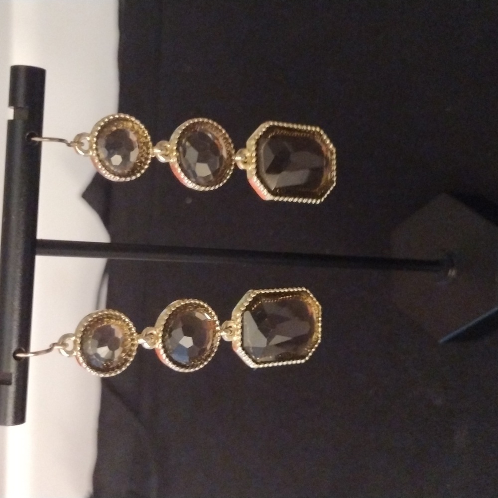 Gold Tone Smoky Brown Stone Dangle Pierced Earrings